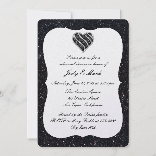 Black Glitter Black Heart Rehearsal Dinner Inbjuda Inbjudningar (Framsida)