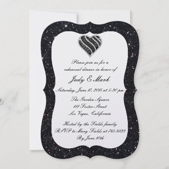 Black Glitter Black Heart Rehearsal Dinner Inbjuda Inbjudningar (Framsida)
