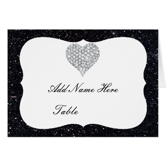 Black Glitter Diamond Heart Bord Place Card OBS Kort (Framsidan Horizontal)