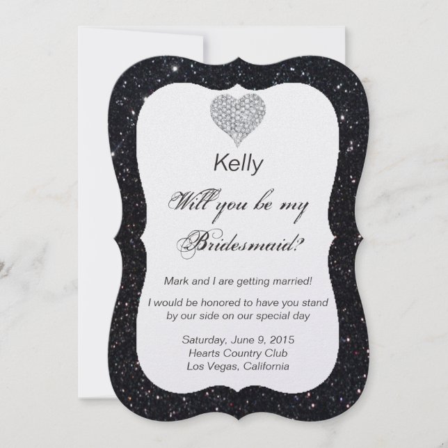 Black Glitter Diamond Heart Bridesmaid Card Inbjudningar (Framsida)