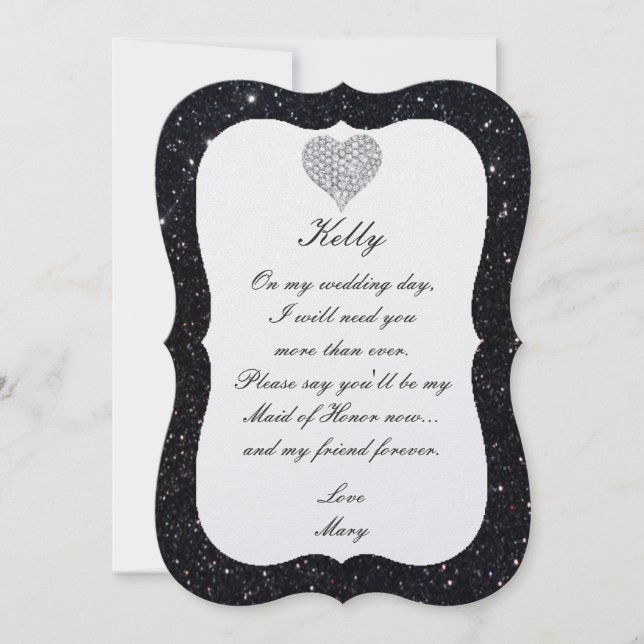 Black Glitter Diamond Heart Maid of honor Card Inbjudningar (Framsida)