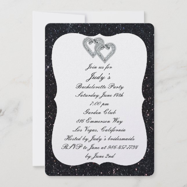 Black Glitter Diamond Hearts Bachelorette Party Inbjudningar (Framsida)