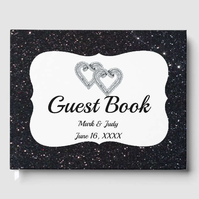 Black Glitter Diamond Hearts Guestbook Gästböcker (Framsida)