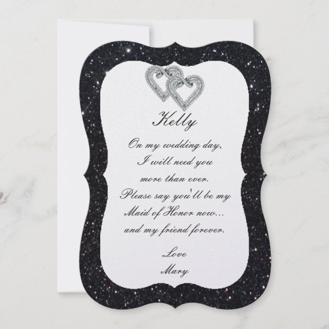 Black Glitter Diamond Hearts Maid of honor Card Inbjudningar (Framsida)