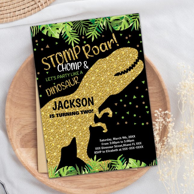 Black Glitter Dinosaur Birthday-inbjudningar Inbjudningar (Black Glitter Dinosaur Birthday Invitations)