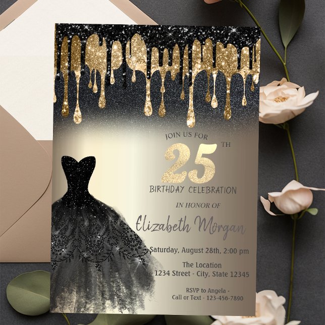 Black Glitter Drips Black Dress Guld 25:e födelsed Inbjudningar (Skapare uppladdad)