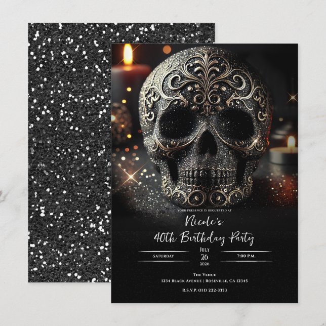 Black Glitter Glam Gnistra Skull Gothic Birthday Inbjudningar (Fram/baksida)