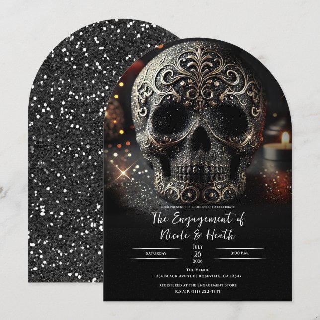 Black Glitter Glam Gnistra Skull Gothic Förlovning Inbjudningar (Fram/baksida)