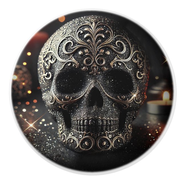 Black Glitter Glam Gnistra Skull Gothic Knopp (Framsidan)