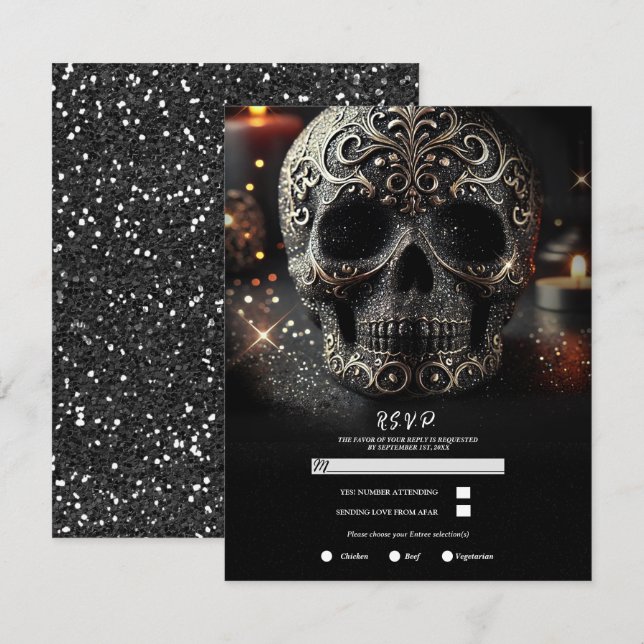 Black Glitter Glam Gnistra Skull Gothic OSA Inbjudningar (Fram/baksida)