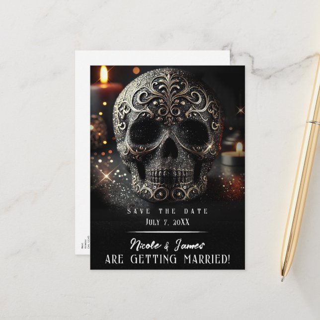 Black Glitter Glam Gnistra Skull Gothic Spara Date Meddelande Vykort (Fram/Back In Situ)