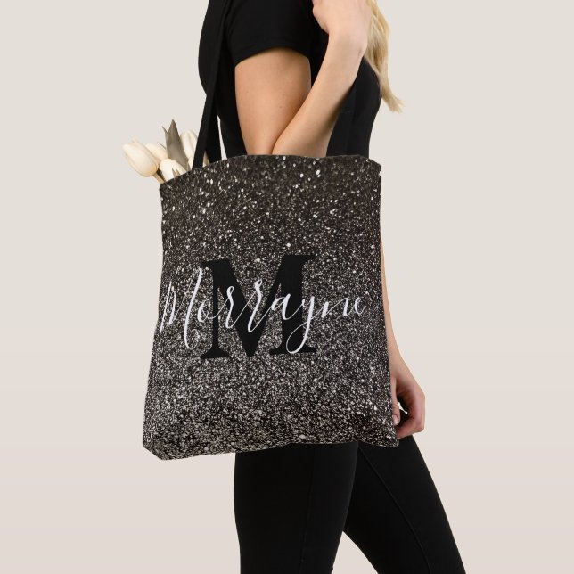 Black Glitter Gnistra Glam Chic Monogram Namn Tygkasse (Närbild)