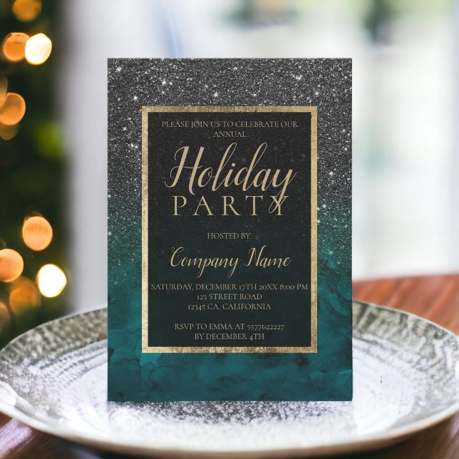 Black glitter guld emerald bolagsjul inbjudningar (Black glitter gold emerald corporate Christmas Invitation)