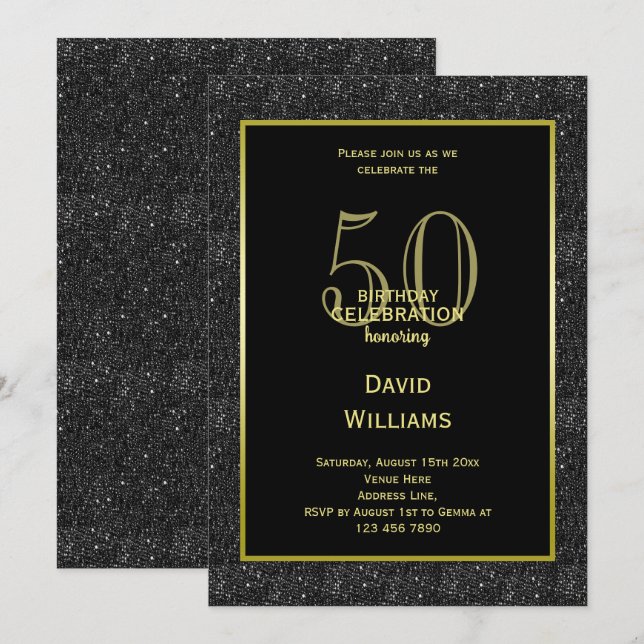 Black Glitter, Guld Framed Man's Birthday Inbjudningar (Fram/baksida)
