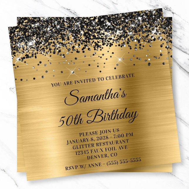 Black Glitter Guld Metallic look 50:e födelsedagen Inbjudningar (Black Glitter Gold Metallic Look 50th Birthday Invitation)