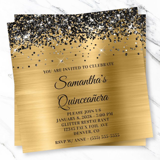 Black Glitter Guld Metallic look Quinceanera Inbjudningar (Black Glitter Gold Metallic Look Quinceanera Invitation)