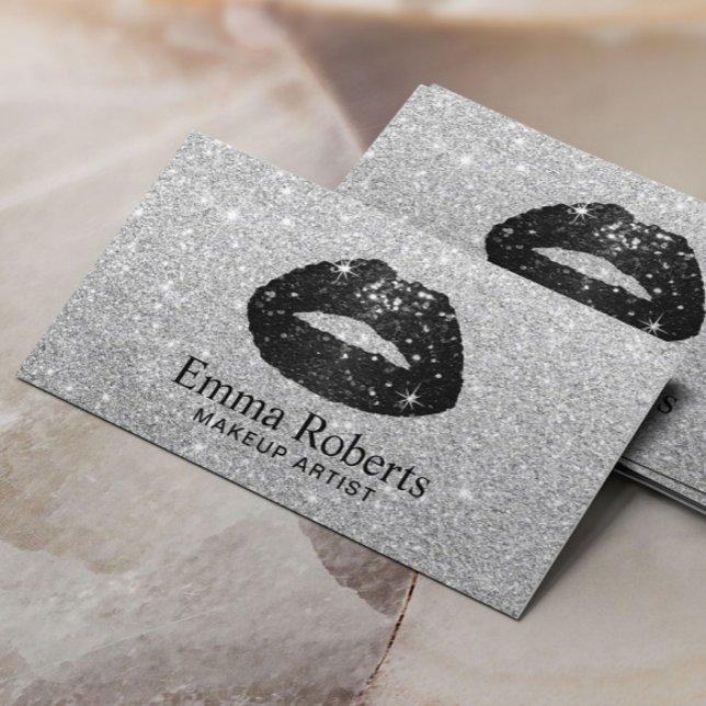 Black Glitter Läppar Makeup Artist Modern Silver Visitkort (Skapare uppladdad)