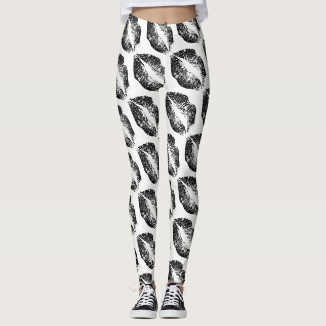 Black Glitter Läppar Modern White Leggings (Framsida)