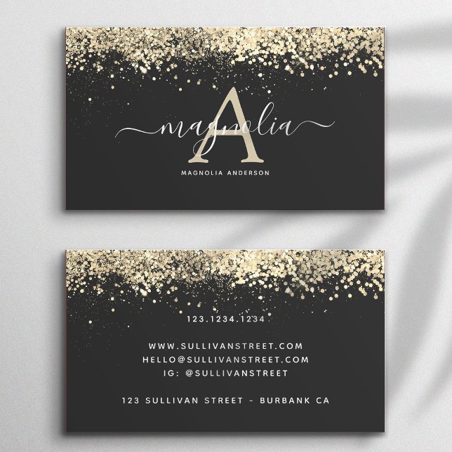 Black Glitter Monogram Gnistra Affärskort Visitkort (Skapare uppladdad)