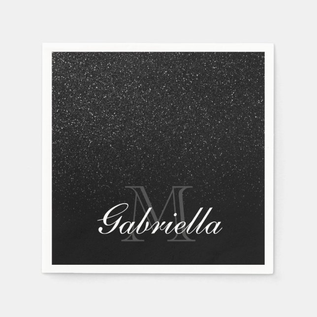 Black Glitter Monogram Pappersservett (Framsidan)