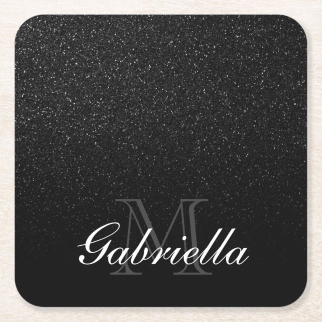 Black Glitter Monogram Underlägg Papper Kvadrat (Framsidan)