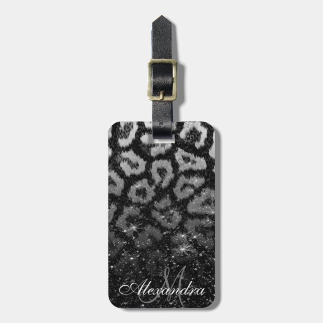 Black Glitter och Leopard Print Bagagebricka (Vertikal Framsida)