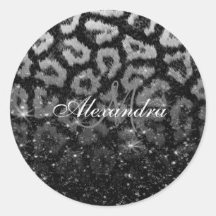 Black Glitter och Leopard Print Runt Klistermärke