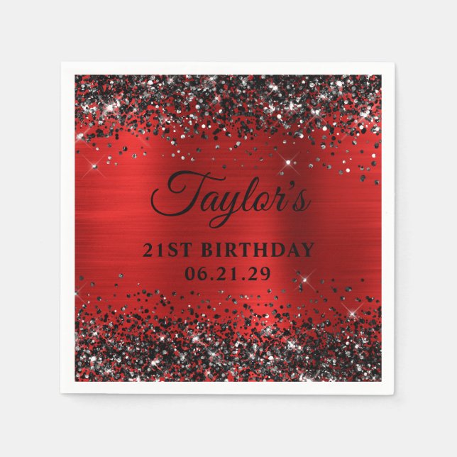 Black Glitter Red Foil 21st Birthday Pappersservett (Framsidan)
