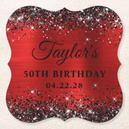 Black Glitter Red Foil 50:e födelsedagen Underlägg Papper