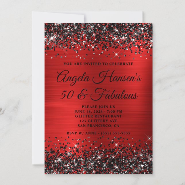 Black Glitter Red Foil 50 och Fabulous Birthday Inbjudningar (Framsida)