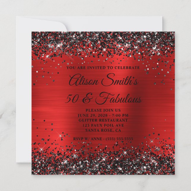 Black Glitter Red Foil 50 och Fabulous Birthday Inbjudningar (Framsida)