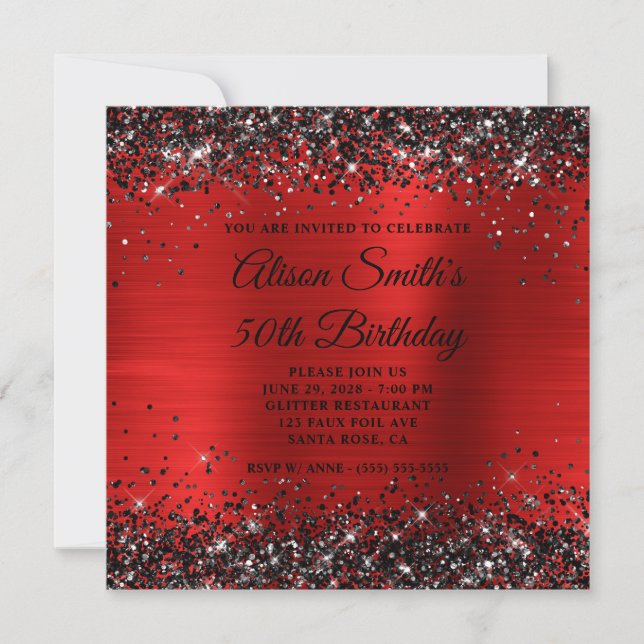 Black Glitter Red Foil Monogram 50:e födelsedagen Inbjudningar (Framsida)