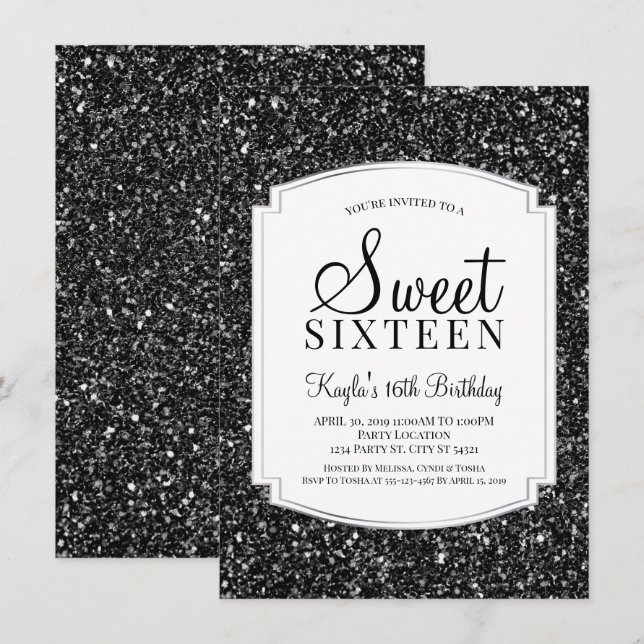 Black Glitter Sweet 16 inbjudningar (Fram/baksida)