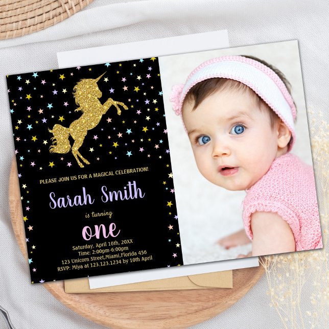 Black Glitter Unicorn Birthday-inbjudningar med fo Inbjudningar (Black Glitter Unicorn Birthday Invitations w Photo)