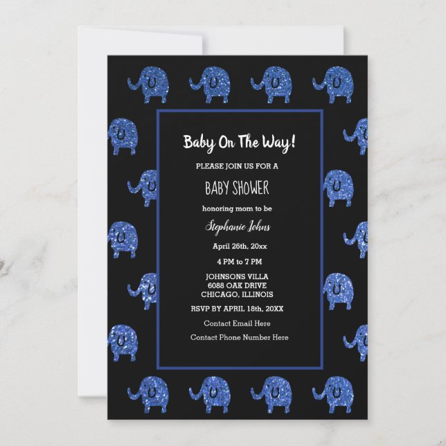 Black Glittery Blue Baby Shower Elephant Animals Inbjudningar (Framsida)