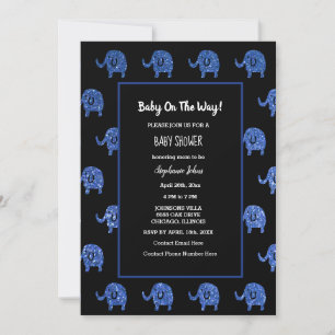Black Glittery Blue Baby Shower Elephant Animals Inbjudningar