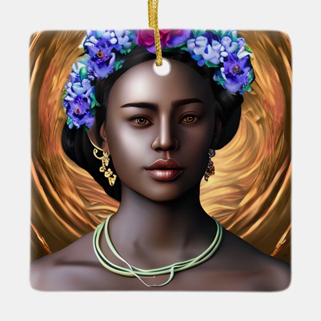 Black Goddess | Afrikansk-amerikansk Woman AI Art Julgransprydnad Keramik (Framsida)