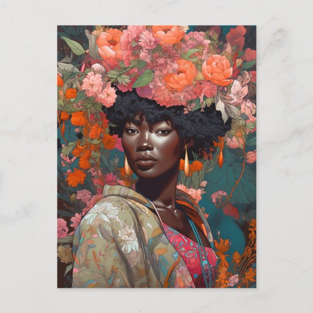 Black Goddess Queen Flowers Fantasy Art Vykort (Framsida)