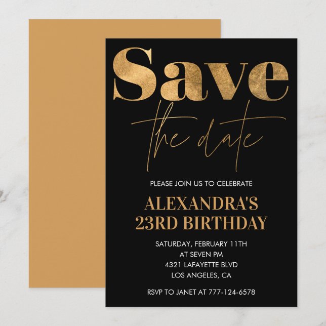 Black Gold 23rd birthday invitations Save the date Inbjudningar (Fram/baksida)