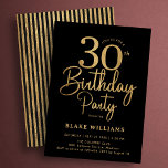 Black Gold 30th Birthday Inbjudningar<br><div class="desc">Black and gold 30th birthday party invitation. Trendy modern design,  perfect for a stylish men's or women's bday celebration. Features script font and stylish stripes on the back. Customize with your own details. Printed Zazzle invitations or instant download digital printable template.</div>