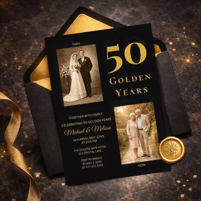 Black Gold 50th Anniversary Then Now Elegant Inbjudningar (Elegant black and gold 50th anniversary invitation flat lay with envelope)