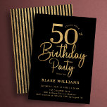 Black Gold 50th Birthday Inbjudningar<br><div class="desc">Black gold 50th birthday party invitation. Trendy modern design,  perfect for a stylish men's or women's bday celebration. Features script font and stripes on the back. Customize with your own details. Printed Zazzle invitations or instant download digital printable template.</div>