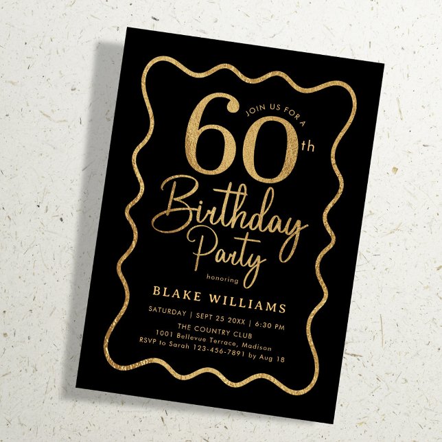 Black Gold 60th Birthday Wavy Border Inbjudningar (Skapare uppladdad)