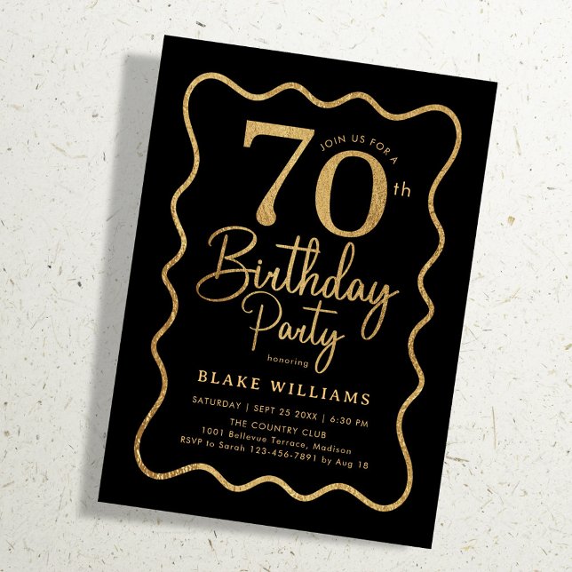 Black Gold 70th Birthday Wavy Border Inbjudningar (Skapare uppladdad)