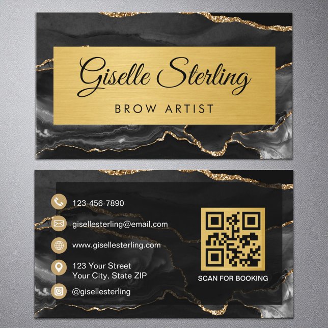 Black Gold Agate Brow Artist Glitter QR Code Visitkort (Skapare uppladdad)