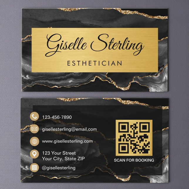 Black Gold Agate Esthetician Glitter QR Code Visitkort (Skapare uppladdad)