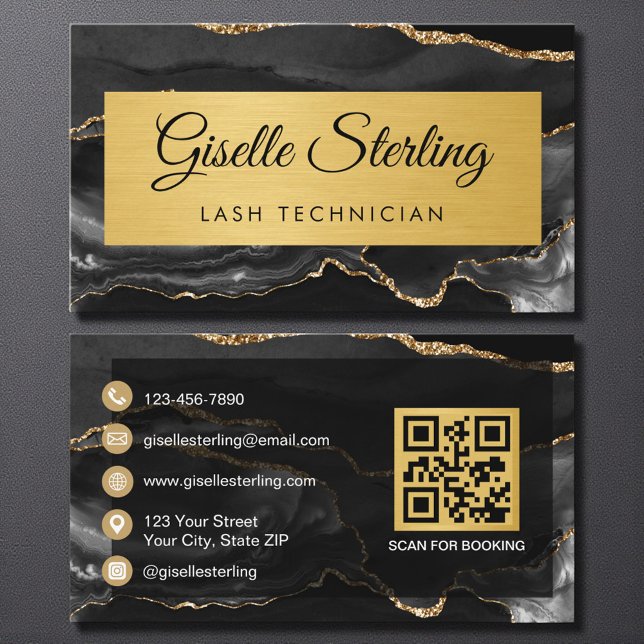 Black Gold Agate Lash Technician Glitter QR Code Visitkort (Skapare uppladdad)