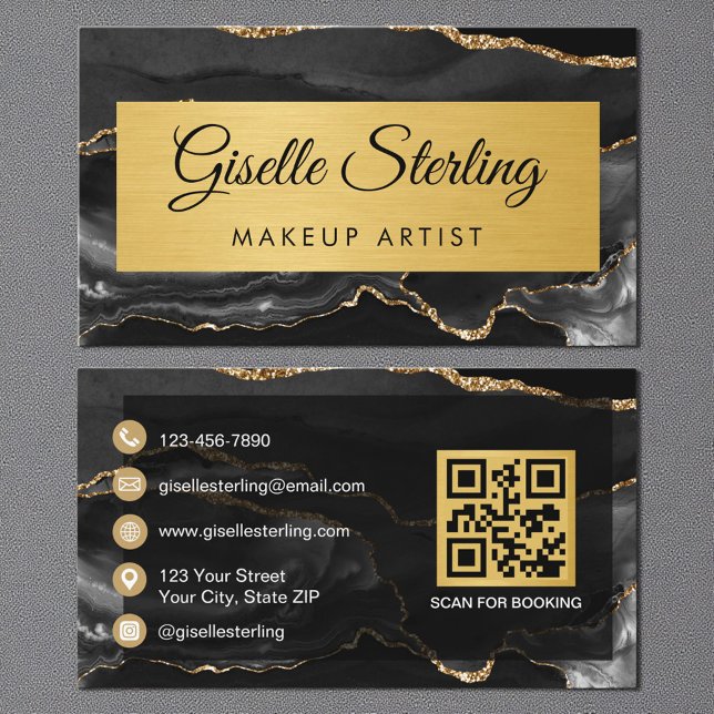 Black Gold Agate Makeup Artist Glitter QR Code Visitkort (Skapare uppladdad)