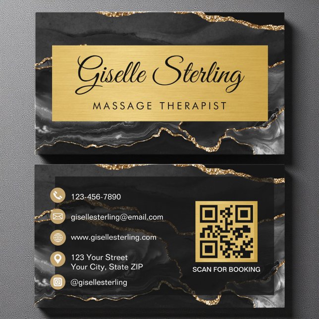 Black Gold Agate Massage Therapist Glitter QR Code Visitkort (Skapare uppladdad)