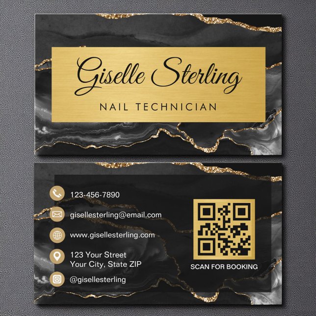 Black Gold Agate Nail Technician Glitter QR Code Visitkort (Skapare uppladdad)